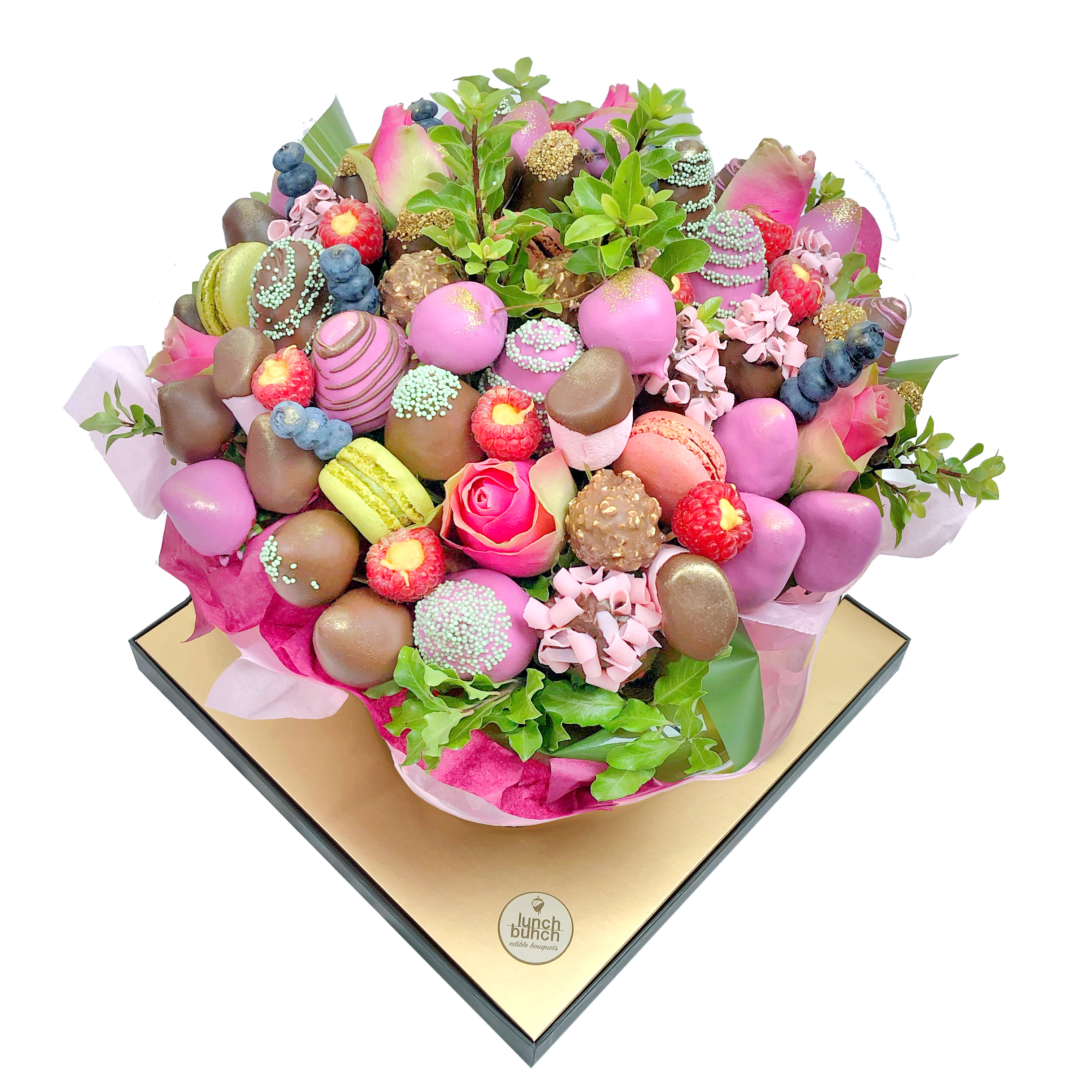 "Allure" Chocolate Blooms Edible bouquet engagement present baby shower gift of chocolate strawberry bouquet with milk and the ruby chocolate gift box same day delivery