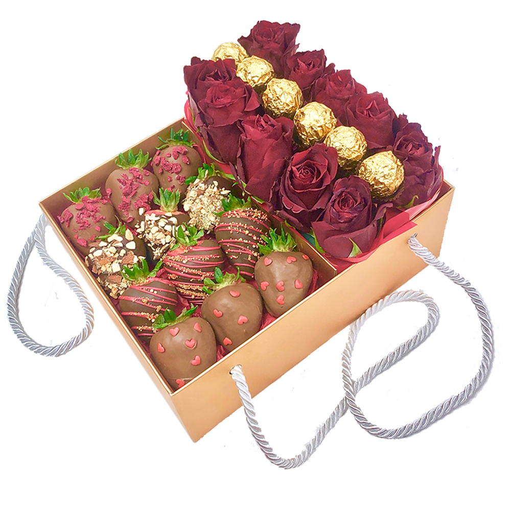 Chocolate Strawberry & Roses Gift Hamper chocolate covered fruit treat box same day delivery Adelaide chocolate and roses gift delivery