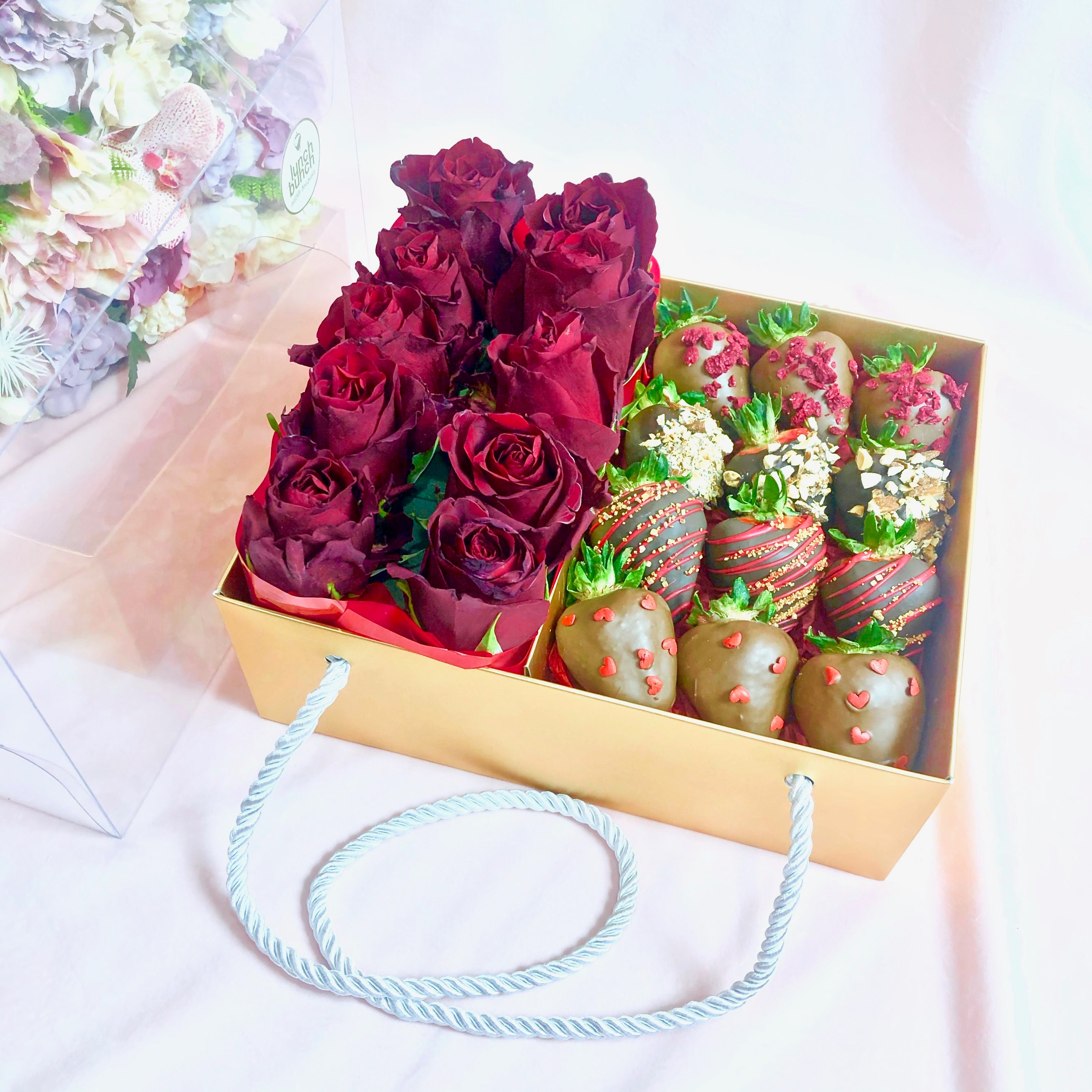Chocolate Strawberry & Roses Gift Hamper luxury birthday present for her Ferrero Rocher Gift Box