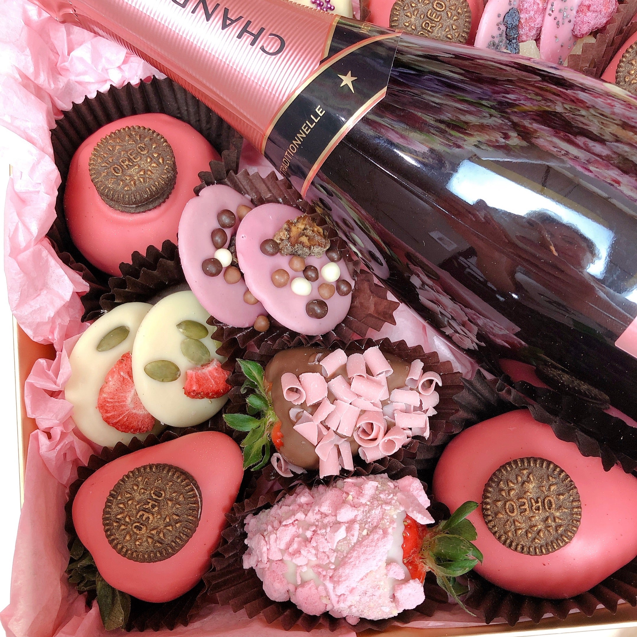 chandon Champagne hamper with chocolate coveredpd strawberries and mini doughnuts in a gift box