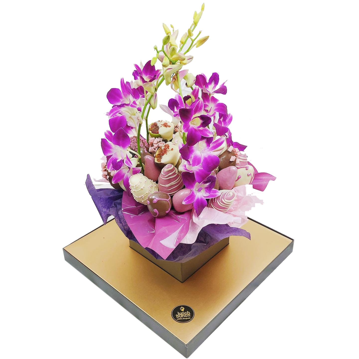 Orchids & Chocolate Strawberries Bouquet purple flowers and chocolate gift same day delivery Adelaide