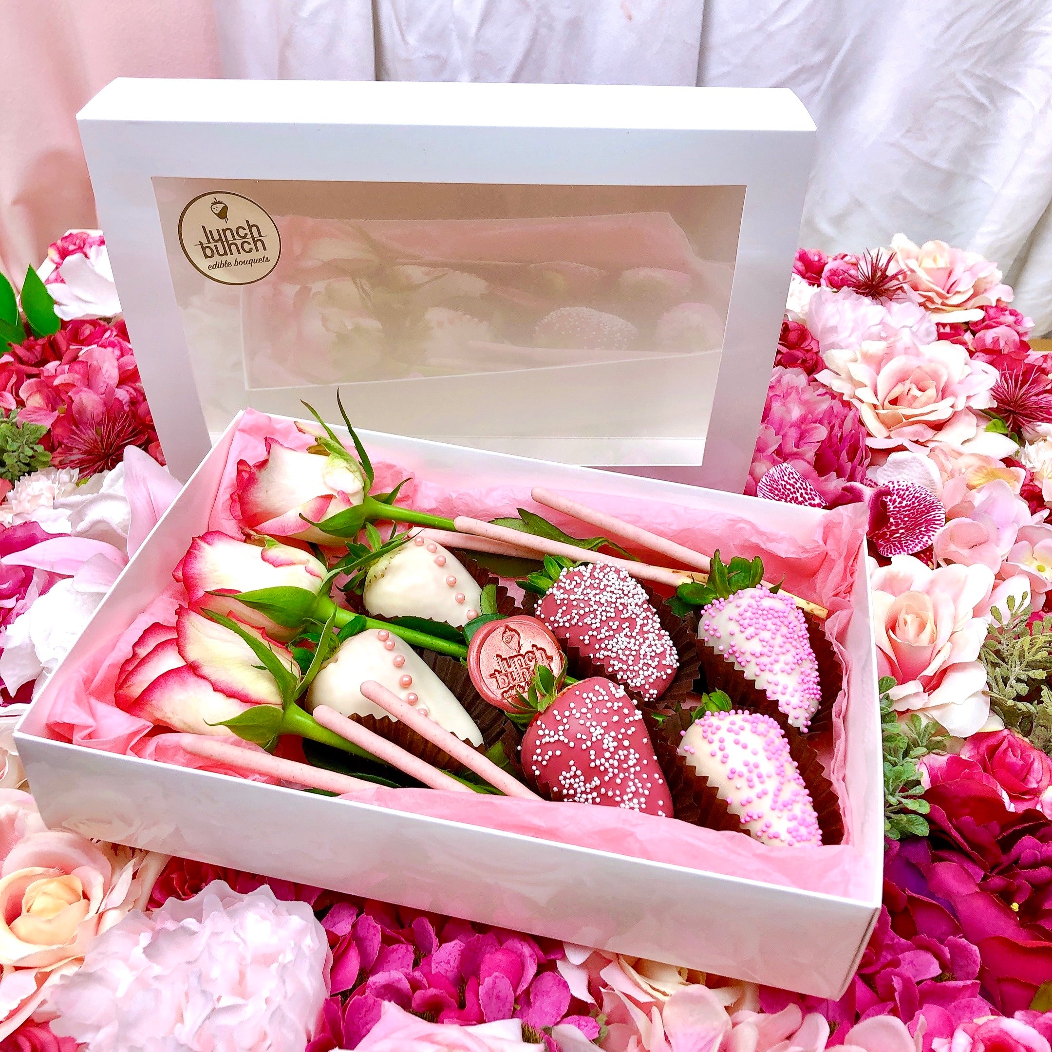Personalise chocolate covered strawberries and flowers in a small gift box available for same day delivery chocolate Adelaide