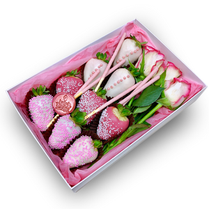 Chocolate dipped 9 Strawberries & Roses Pink Gift Box