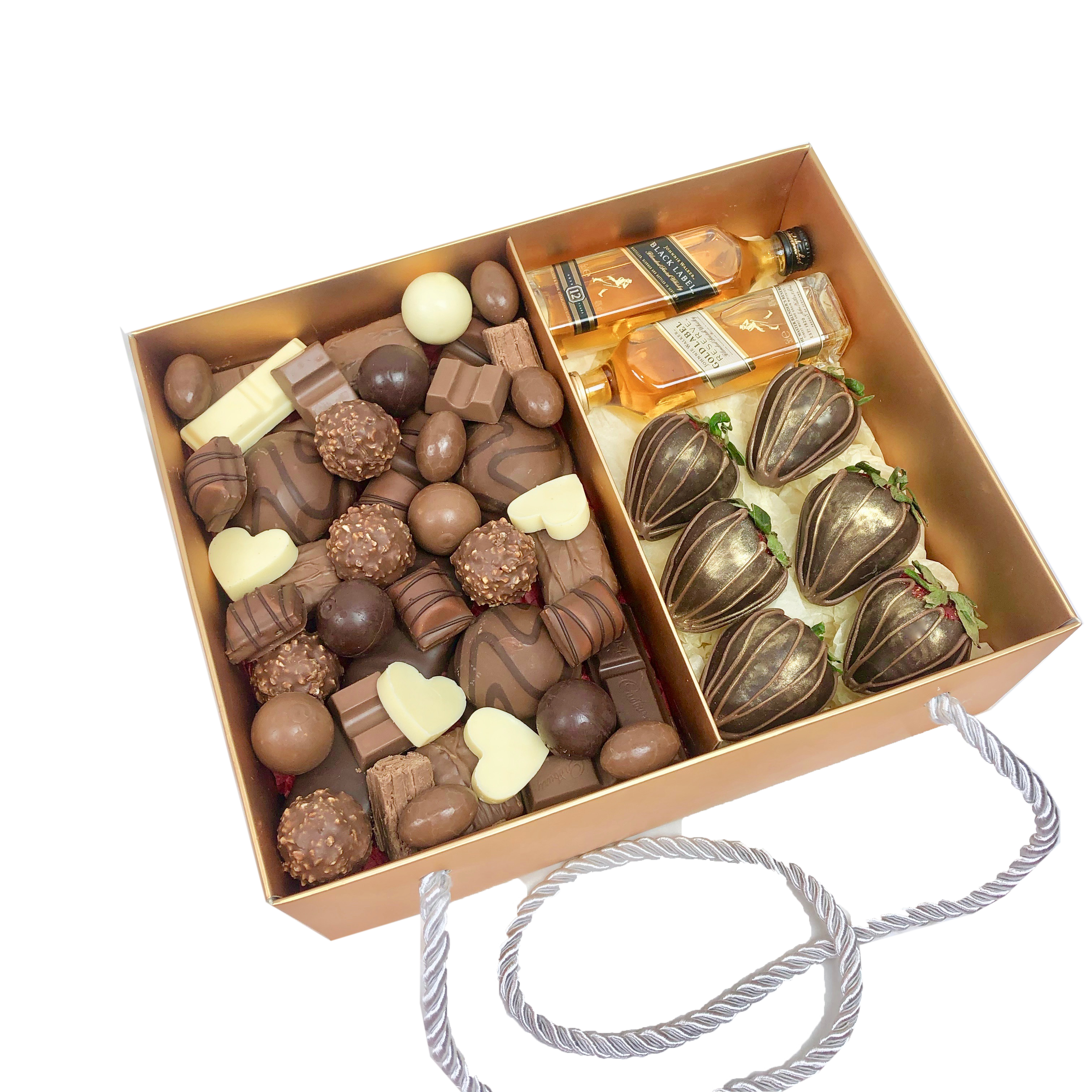 Chocolate Assortment, Strawberries & Whisky Gift Hamper same day delivery Adelaide online gift chocolate boxes