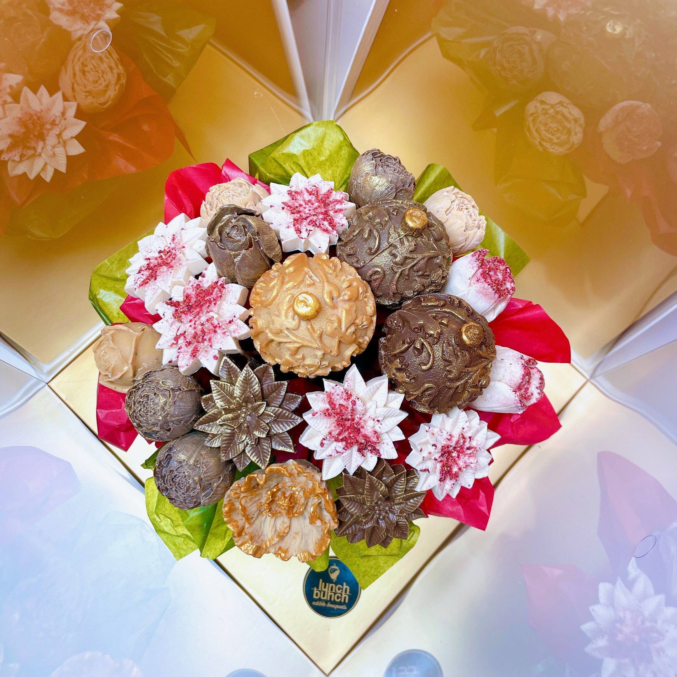 Chocolate Bouquet with Red Poinsettia Flowers, Christmas Balls Gift, Adelaide same day gift delivery, dessert box