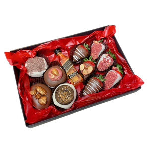 Dessert back for Christmas, Sweet gift for him, Gift for a man same-day delivery Adelaide wide, Donut Box and whiskey, Chocolate covered Strawberry box delivery