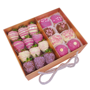 Doughnut and chocolate strawberry gift pumper hamper for her, pink chocolate online delivery