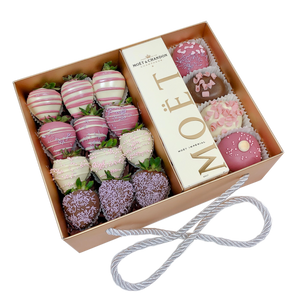 Donut, Moet & Chocolate Strawberries Pink Gift Hamper, Best sweet gift for a woman girly gift hamper