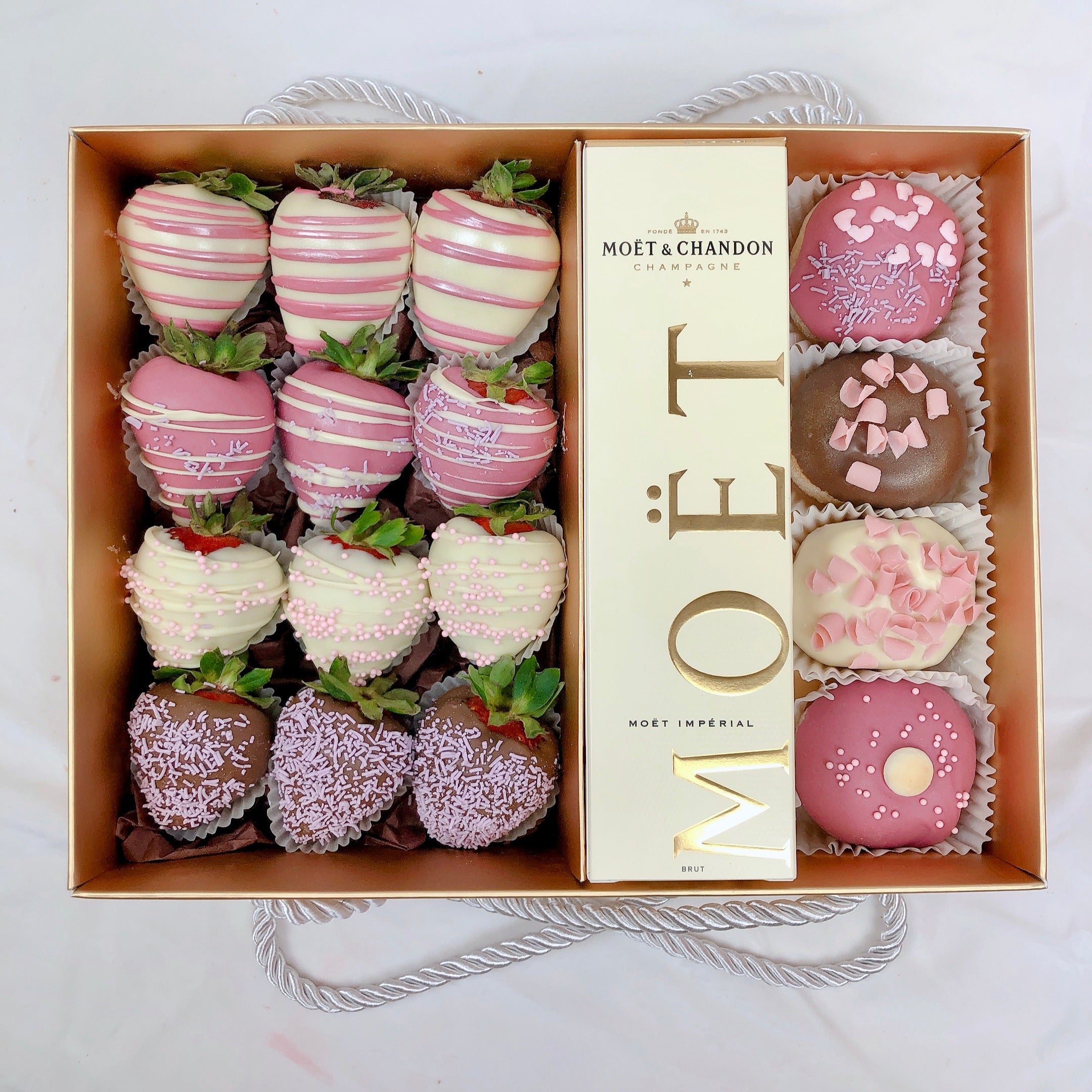 gourmet gift baskets for women, pink chocolate gift hamper, doughnut and chocolate strawberries champagne gift hamper
