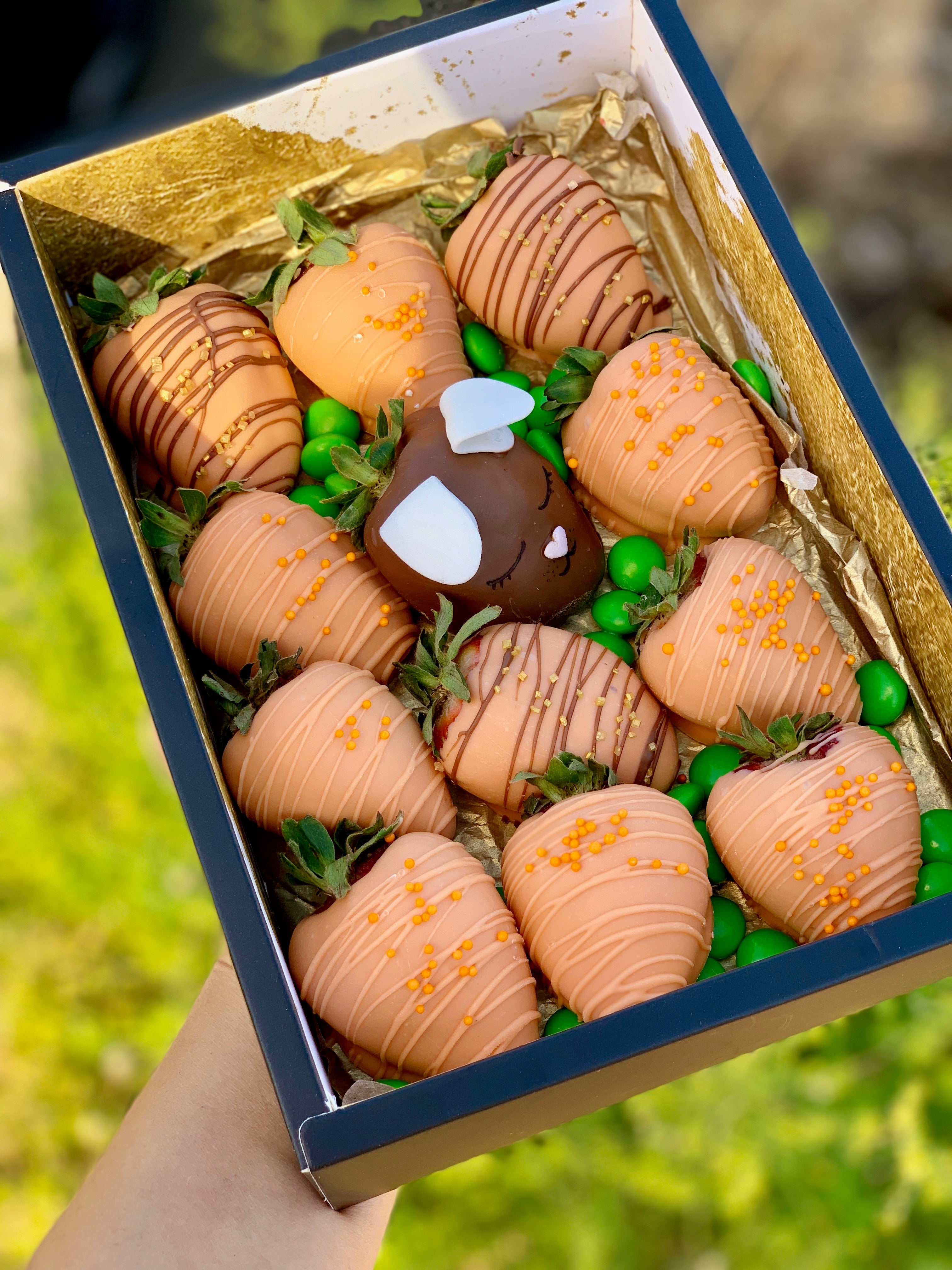Chocolate decorated Easter strawberries gift box Easter hamper box order online same-day delivery Easter gift Adelaide delivery