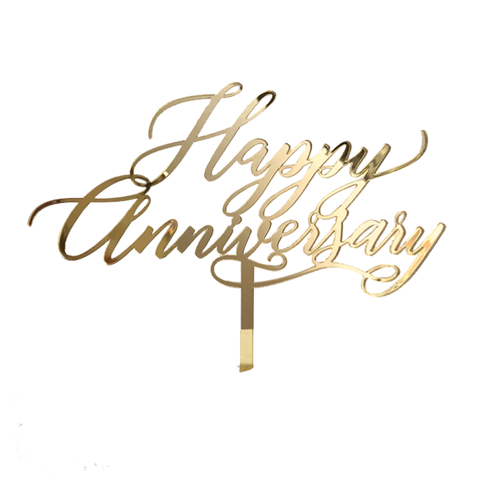 Happy Anniversary Gold Mirror acrylic laser-cut cake topper is 14cm wide and could be re-used again.