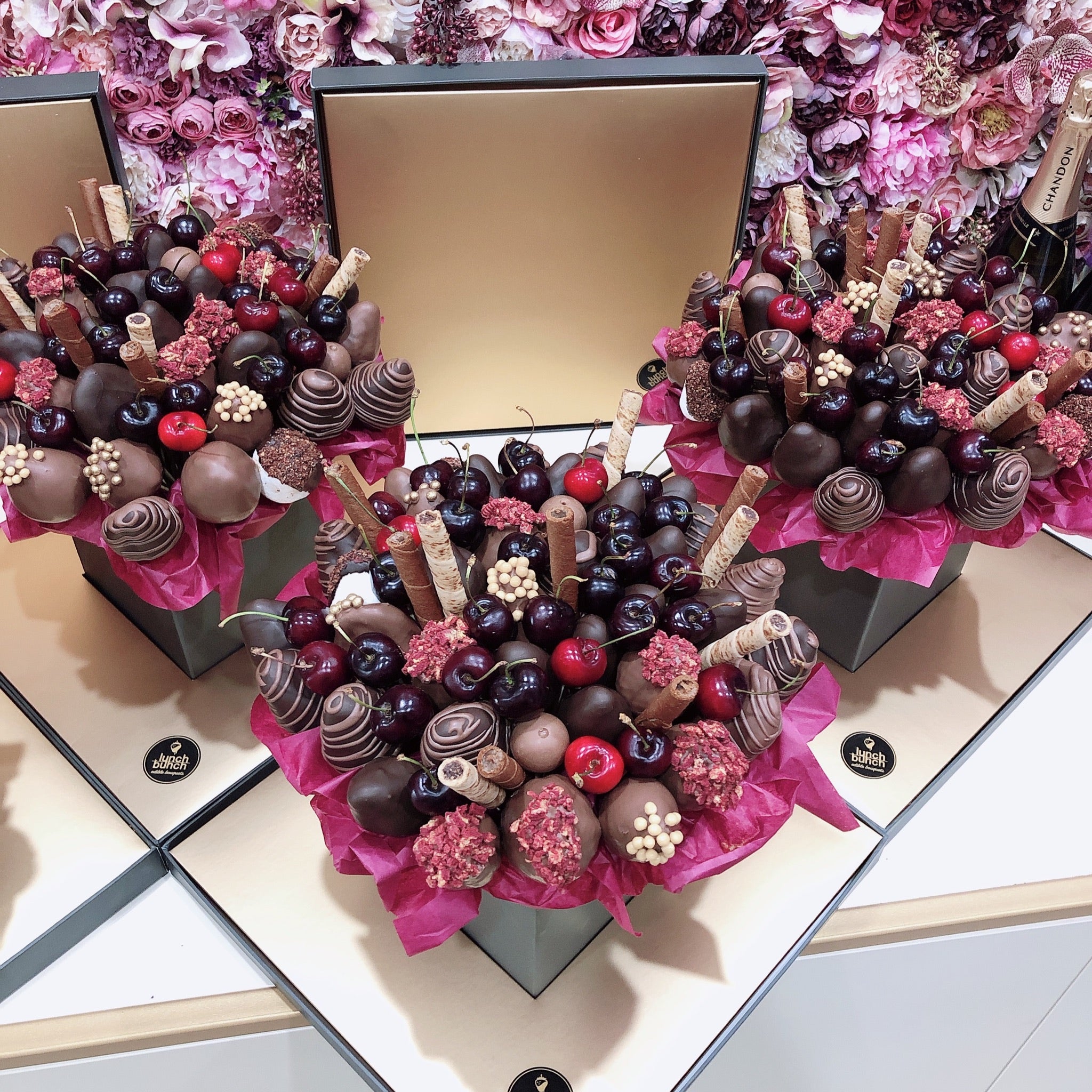 Local cherries and chocolate covered strawberries Bouquet