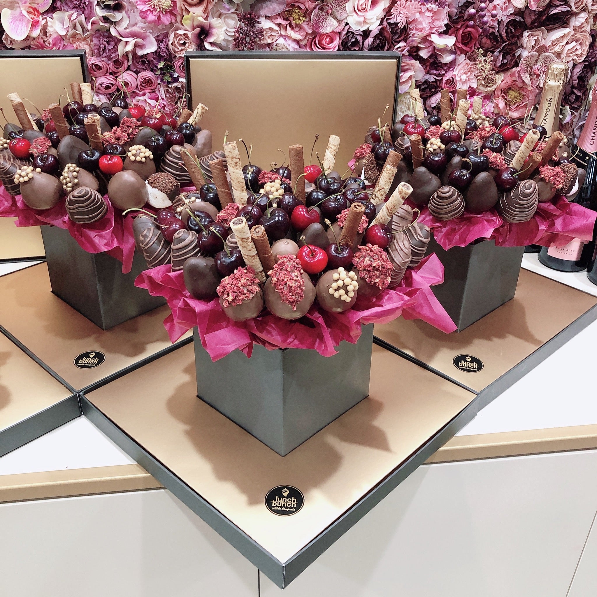 Fresh cherries and strawberries covered in chocolate Bouquet, gift wrapped bouquet