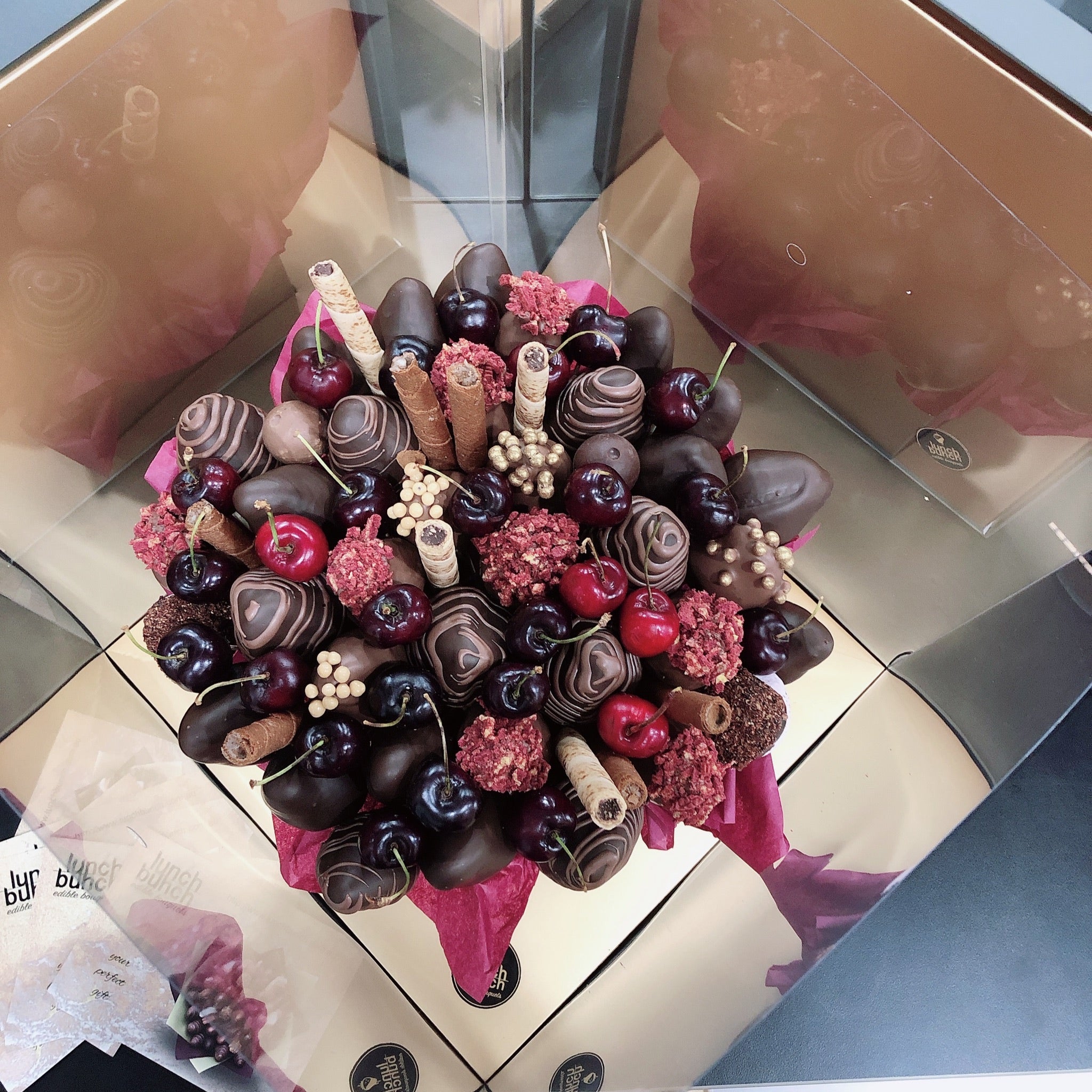 South Australian cherries and strawberries covered in chocolate gift box, chocolate strawberry bouquet