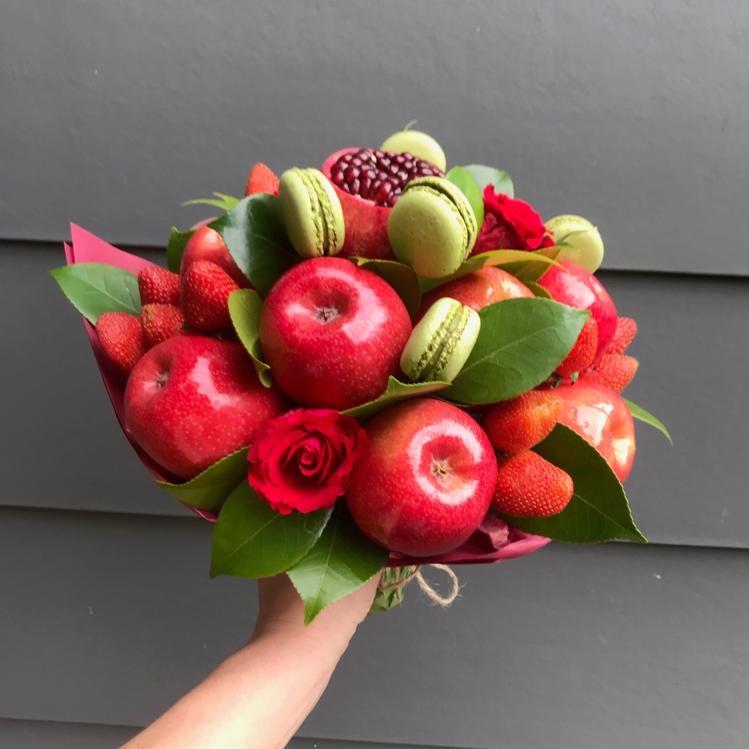 Lady in Red Macarons & Fruit Bouquet