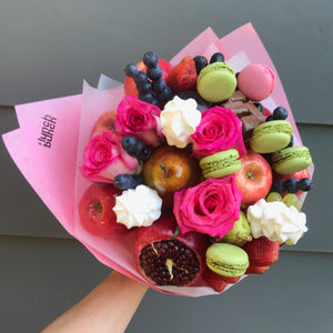 "Mother's Love" Chocolate, fruits, berries, flowers and macarons bouquet