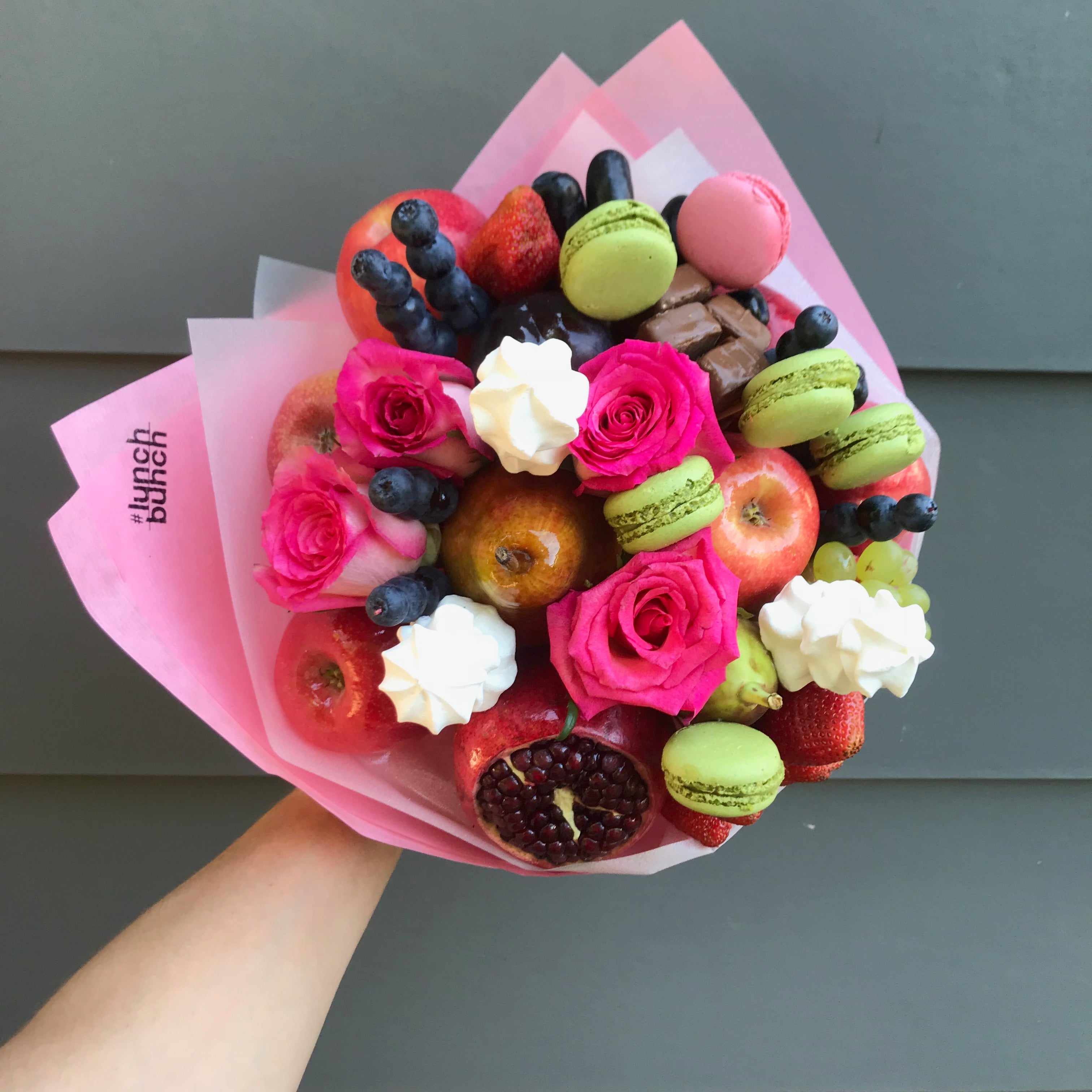 "Mother's Love" Chocolate, fruits, berries, flowers and macarons bouquet