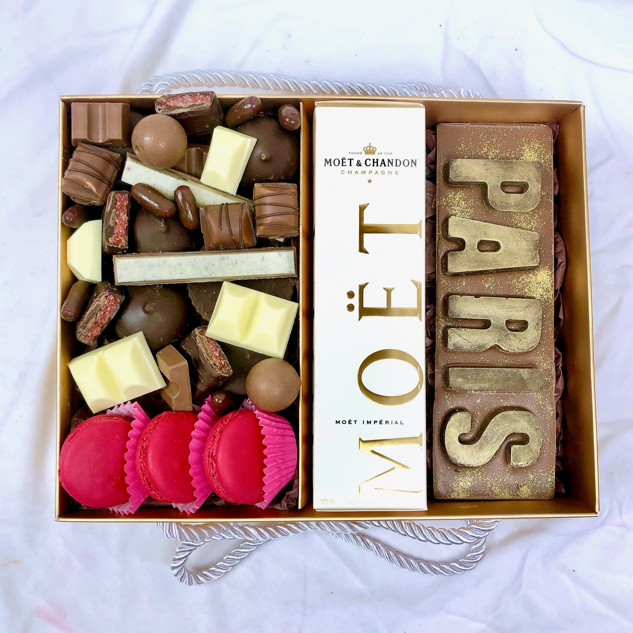 "PARIS" Personalised Chocolate Letters Hamper, chocolate assortment box was macarons and champagne same day delivery gift Adelaide