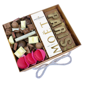 Personalise chocolate letters with champagne chocolate assortment and macarons in a luxury hamper