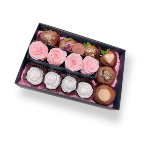 Pink Preserved Roses, Chocolate Strawberries, Meringues & Donuts Box