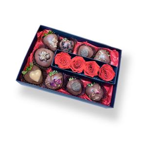 Preserved Red Roses, Chocolate Strawberries & Donuts Box