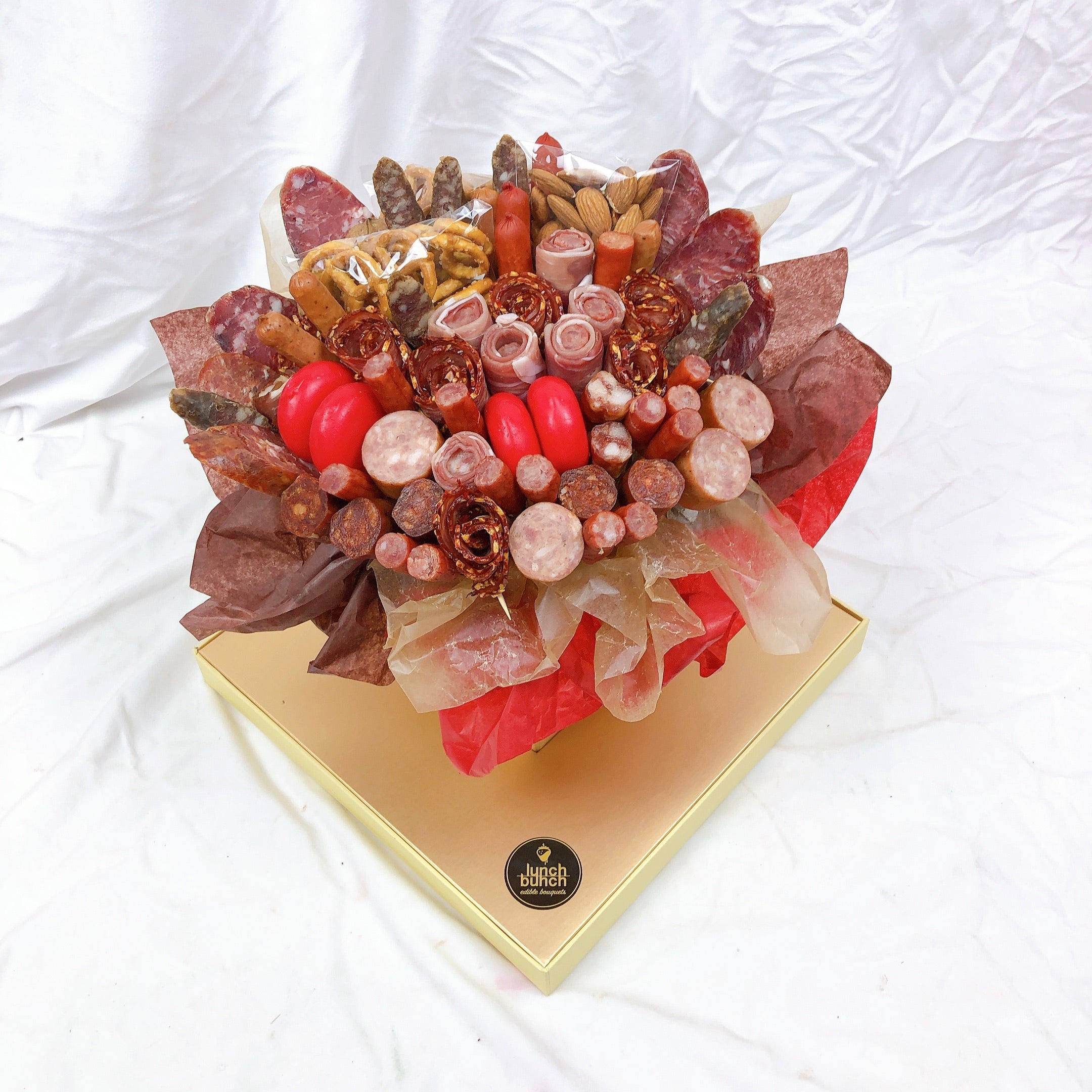 Prosciutto Roses Meat & Cheese Bouquet medium size Full of pork salami ham pretzels nuts Twiggy sticks cheese and walnuts savoury gift hamper online same day delivery