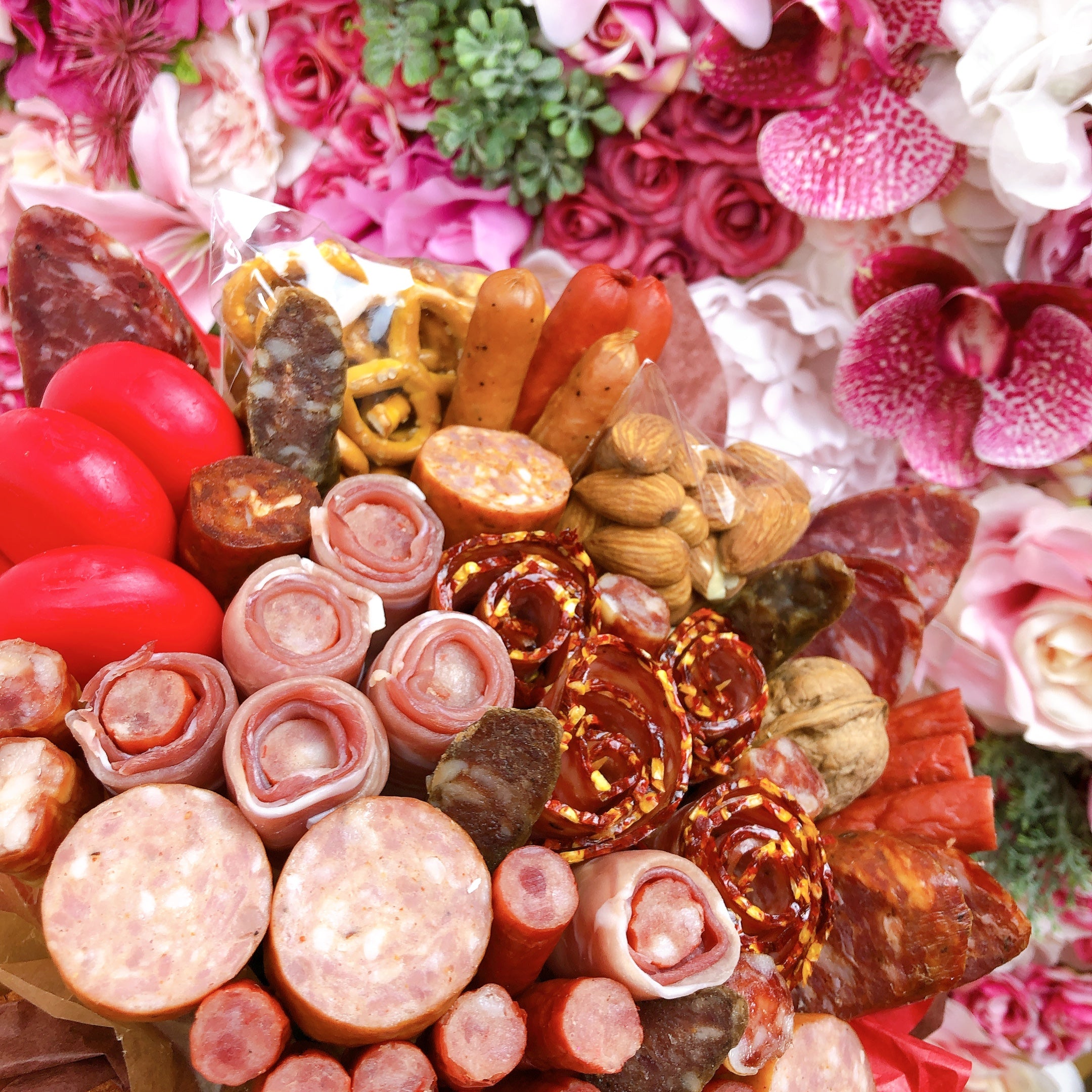 Meat and cheese Bouquet, Gourmet hamper online with salami ham pork Twiggy sticks cheese nuts and pretzels 