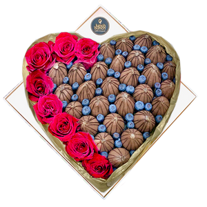 Romantic chocolate strawberries and and Roses heart box sweet treat for Valentine's Day