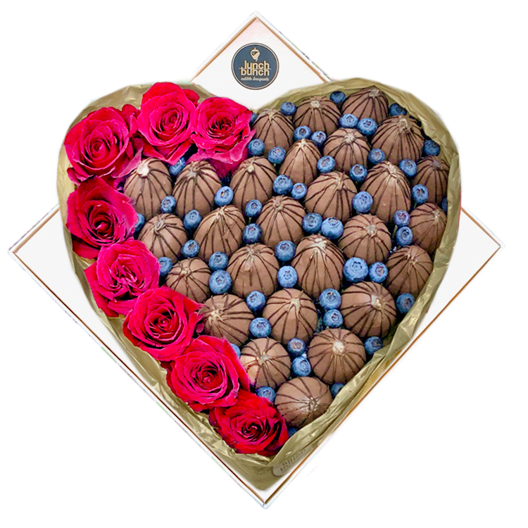 Romantic chocolate strawberries and and Roses heart box sweet treat for Valentine's Day