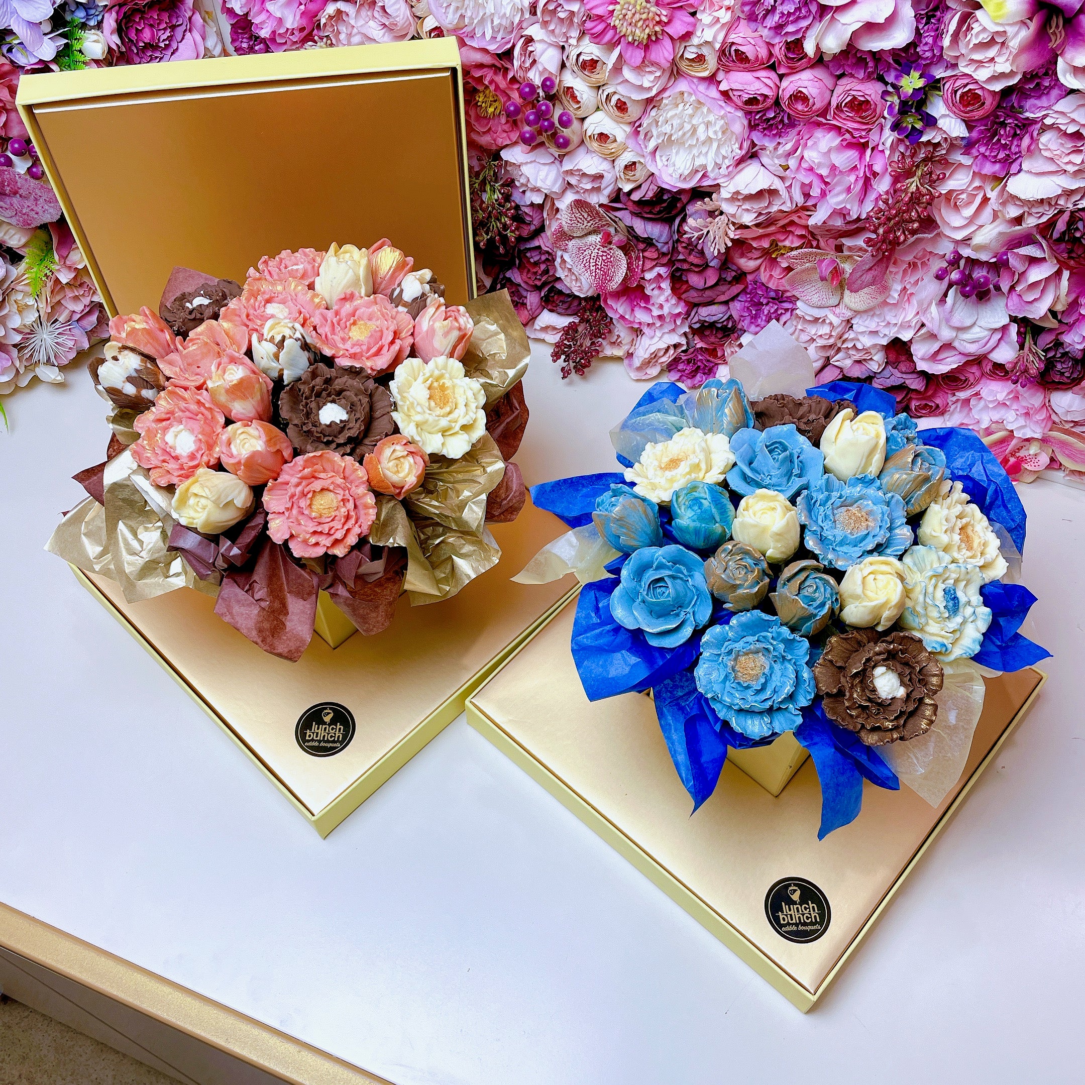 Chocolate blooms Bouquet, chocolate flowers bouquet, blue flowers gift lolly table display newborn boy gifts