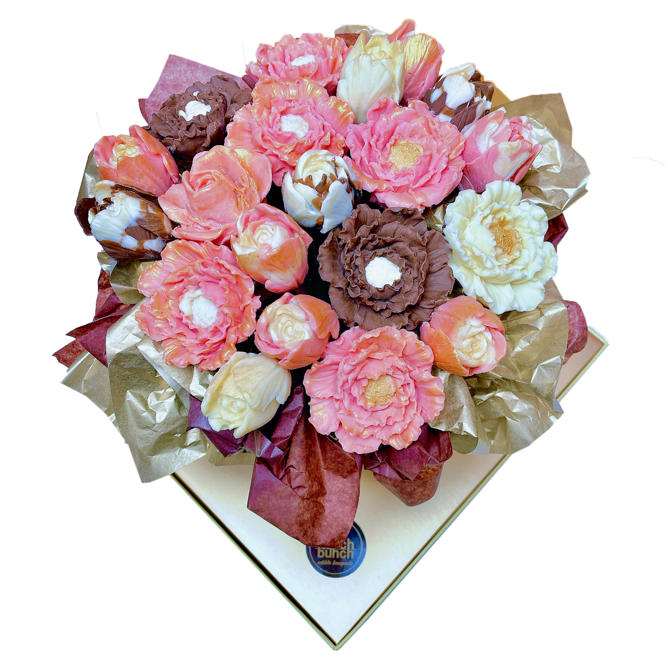 Feminine pink chocolate bouquet, chocolate flowers bouquet, 3-D chocolate roses, chocolate tulips, online chocolate flowers delivery