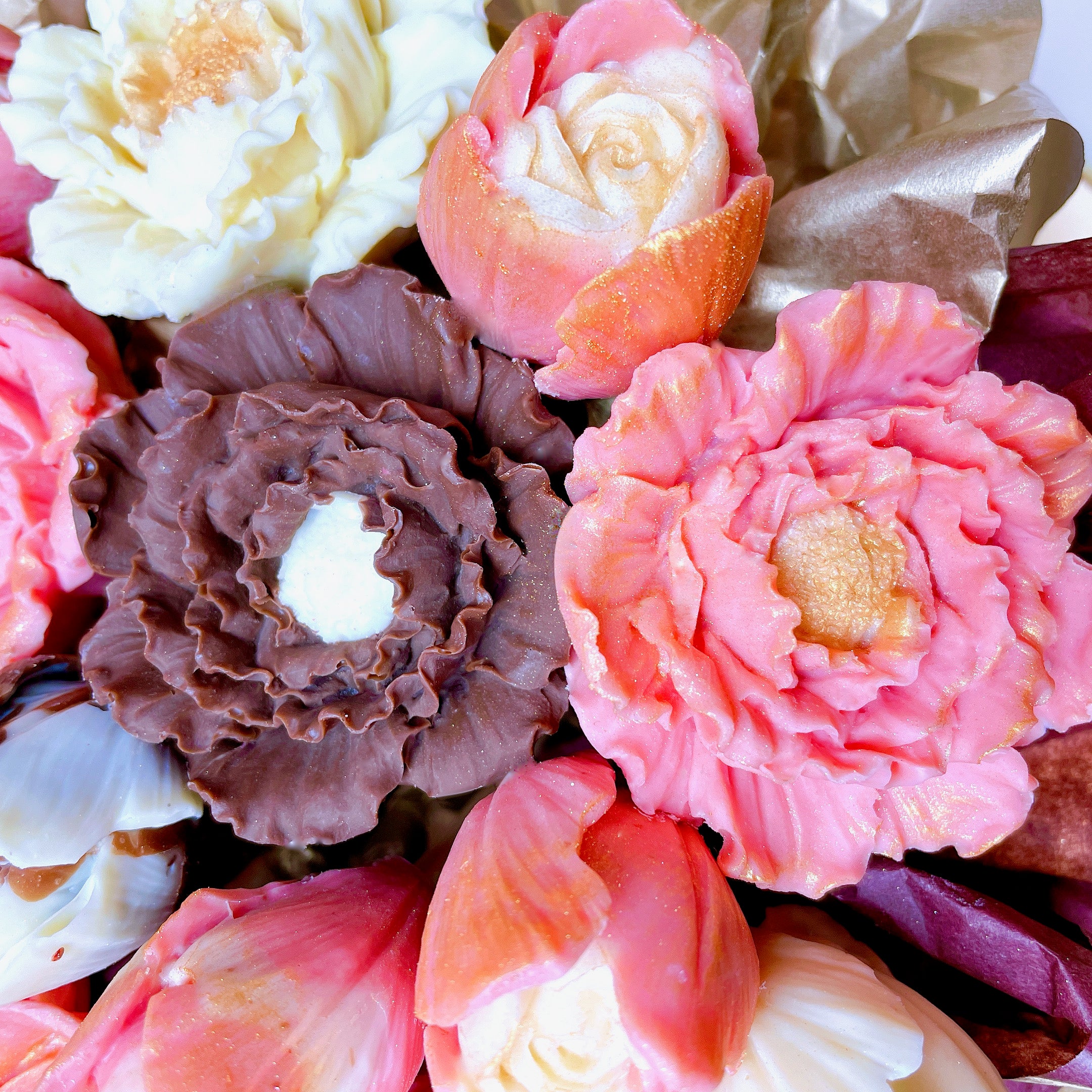 Chocolate roses, chocolate flowers bouquet, chocolate blooms, pink edible bouquet, edible arrangement