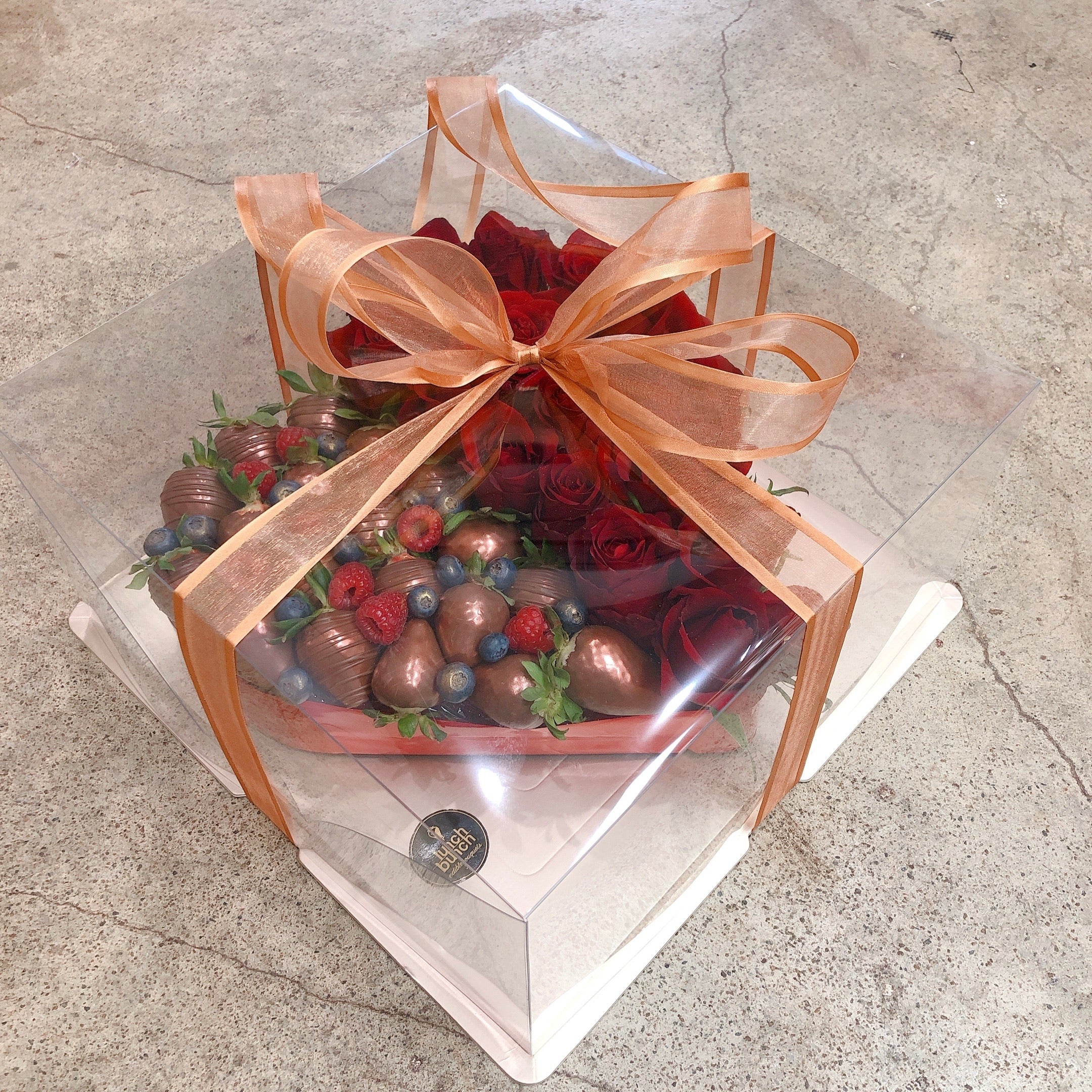 Chocolate strawberries and flowers in love heart gift box same day delivery