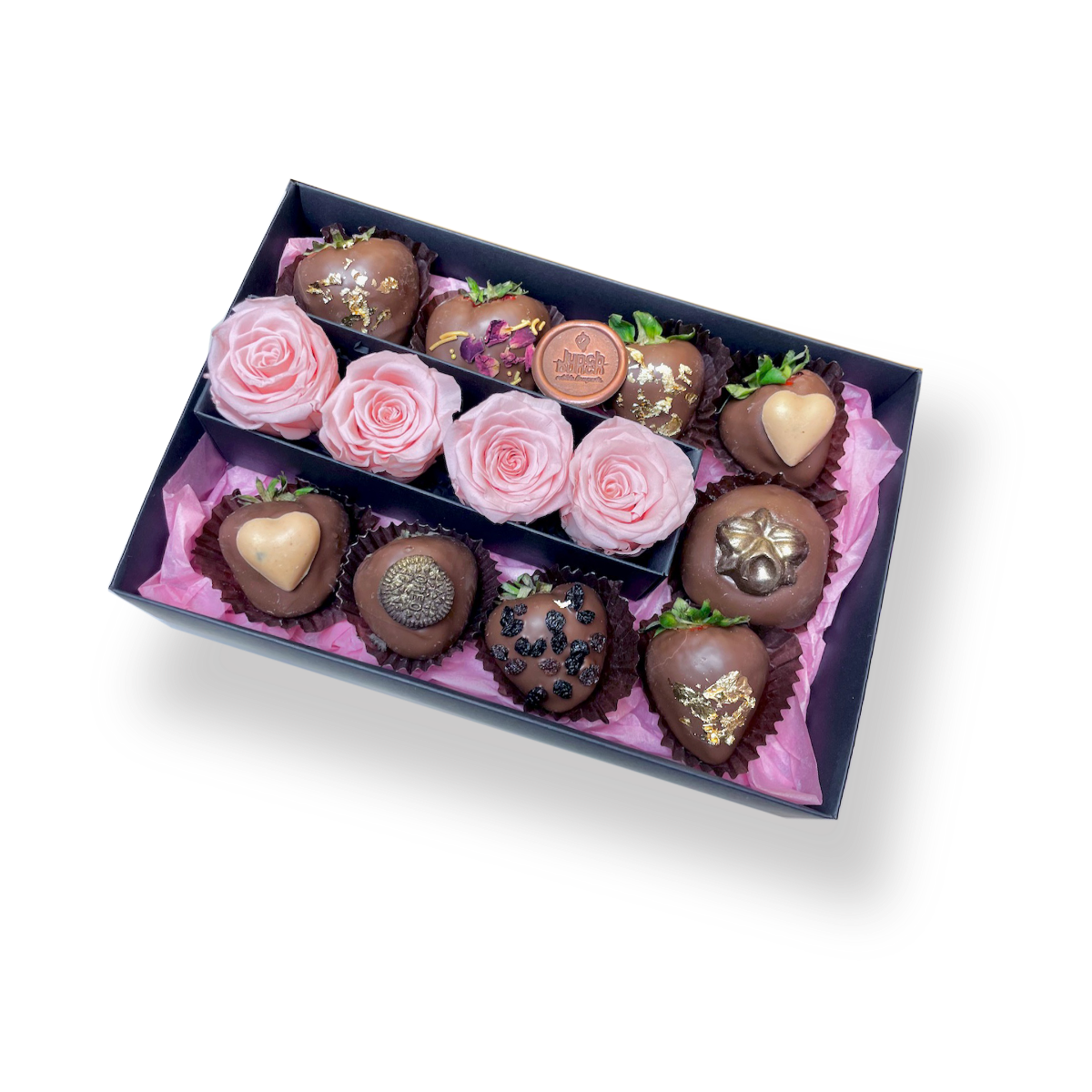 Pink Preserved Roses, Chocolate Strawberries & Donuts Box, Same day adelaide delivery, dessert box delivery, girly gift, 