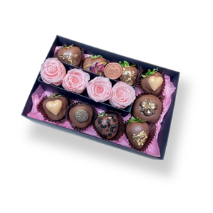 Pink Preserved Roses, Chocolate Strawberries & Donuts Box